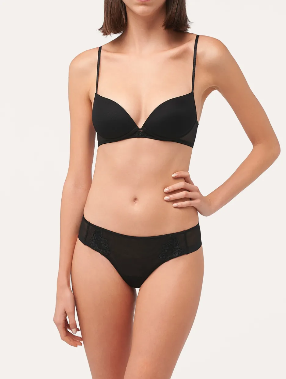 Thong In Sheer Black Embroidered Tulle