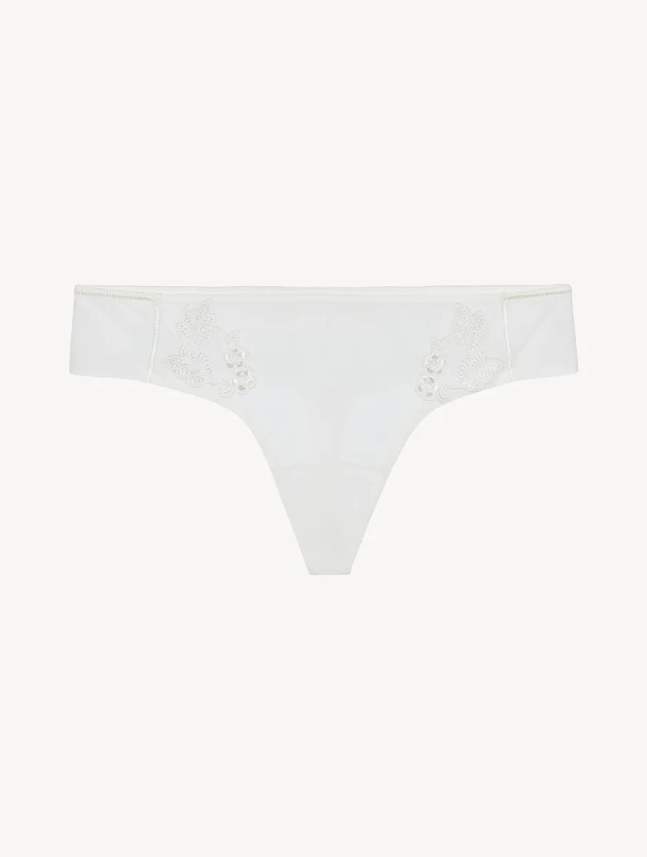 Thong In Sheer Off-white Embroidered Tulle