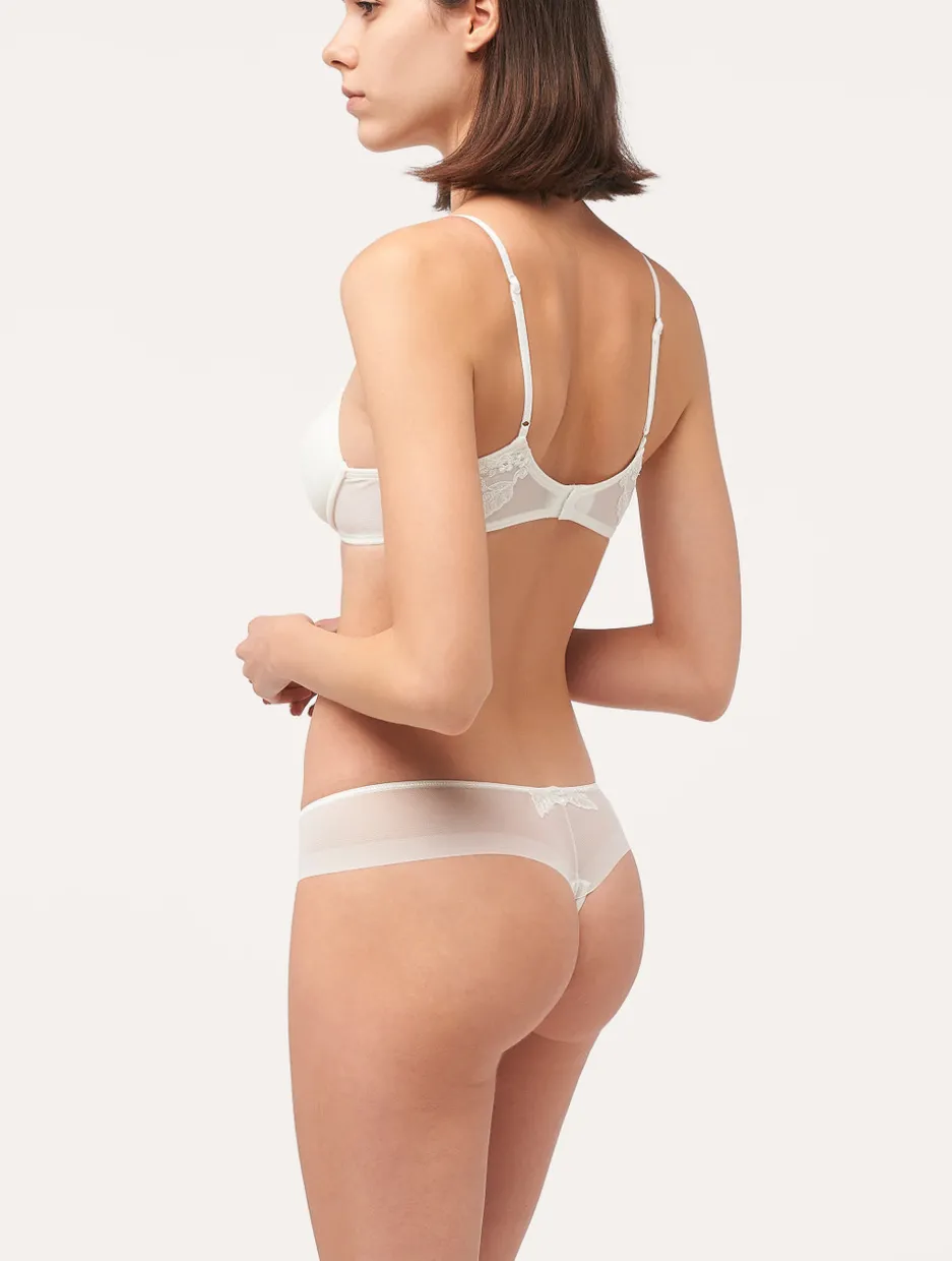 Thong In Sheer Off-white Embroidered Tulle