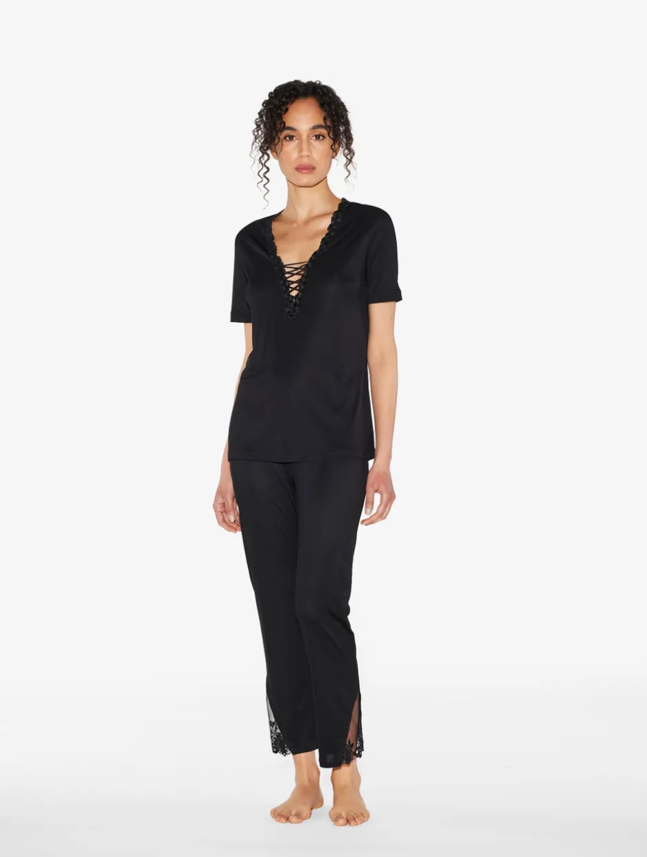 Trousers In Black Modal With Embroidered Tulle