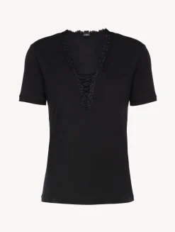 T-shirt In Black Modal With Embroidered Tulle
