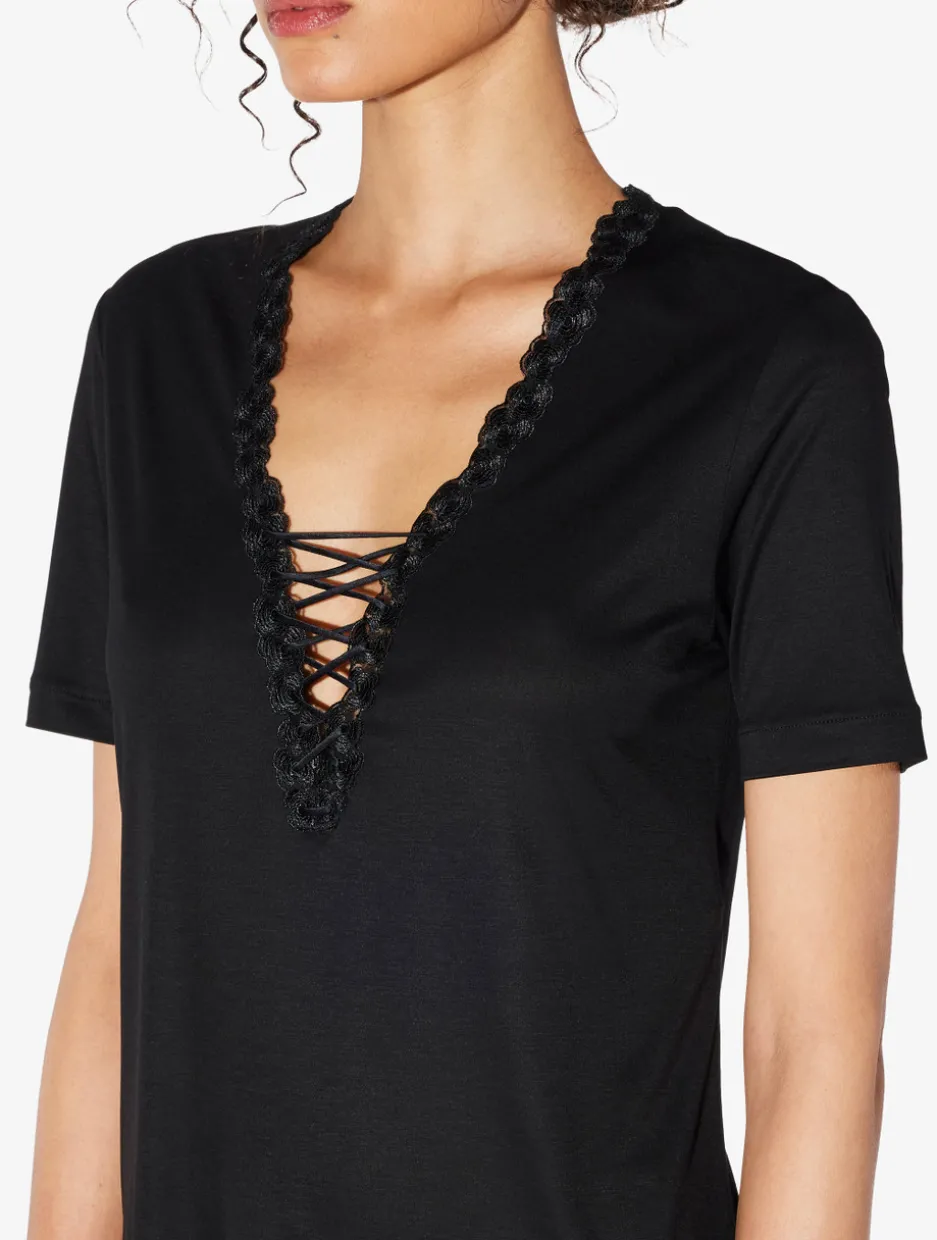 T-shirt In Black Modal With Embroidered Tulle