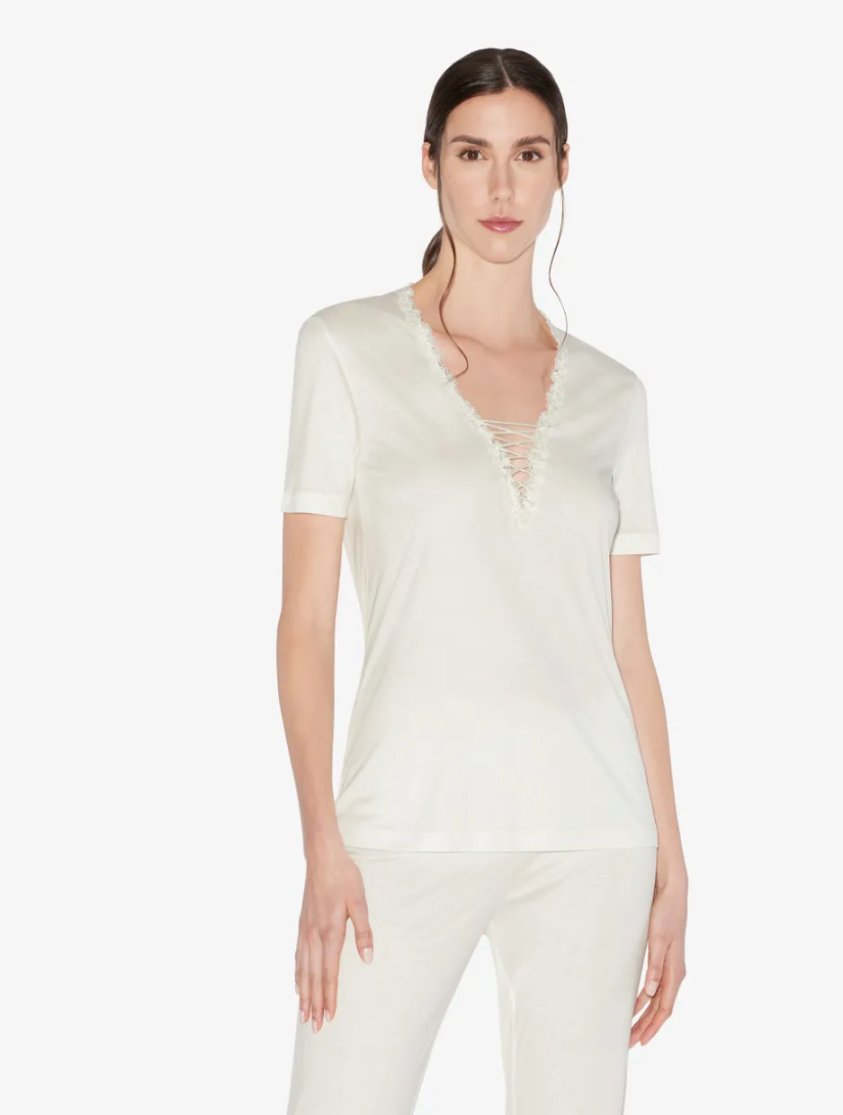 T-shirt In Off-white Modal With Embroidered Tulle