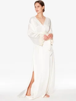 White Long Silk Robe With Ivory Frastaglio