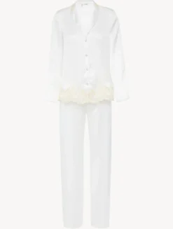 White Silk Long Pajamas With Frastaglio