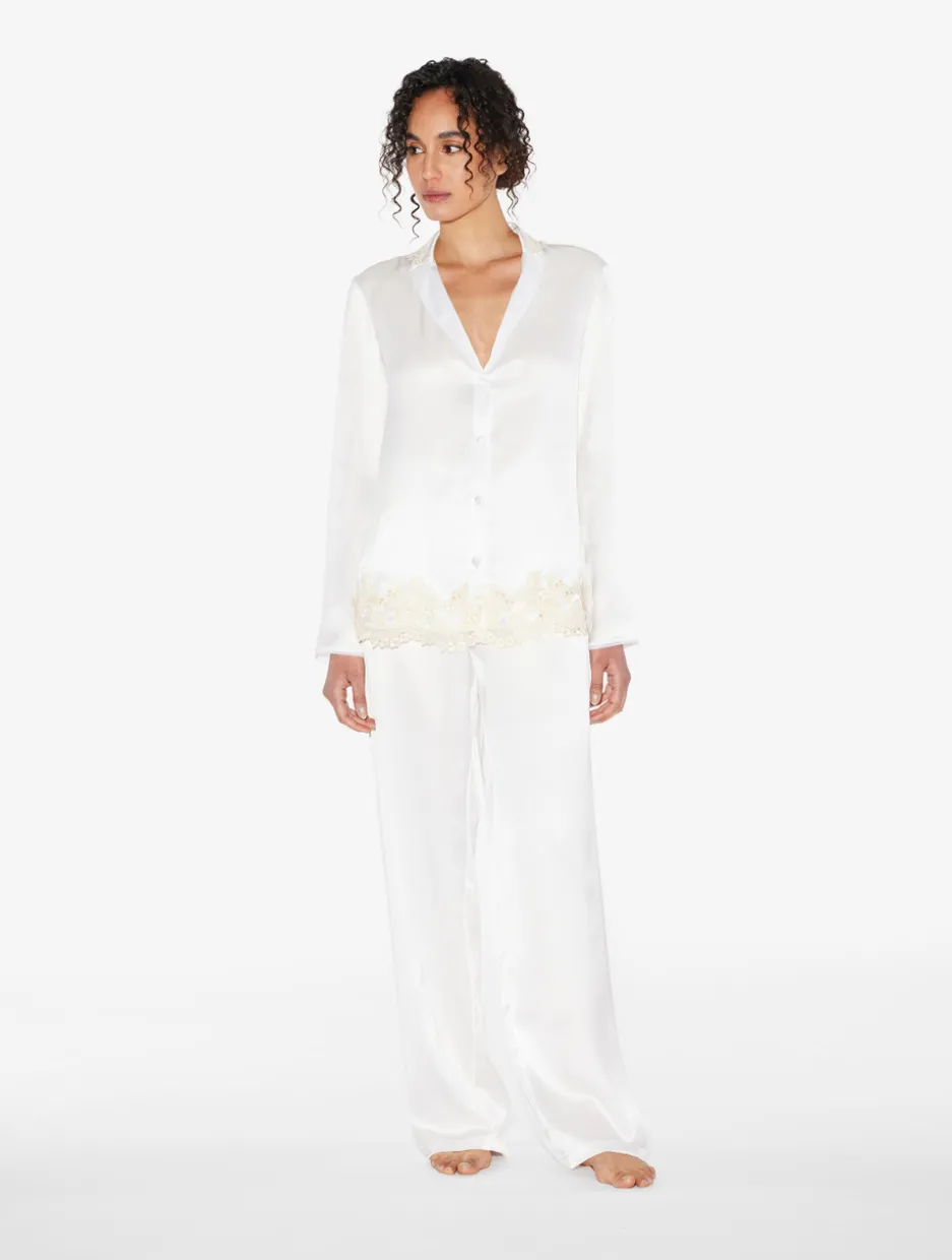 White Silk Long Pajamas With Frastaglio