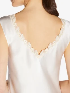 White Silk Satin Long Nightgown With Frastaglio