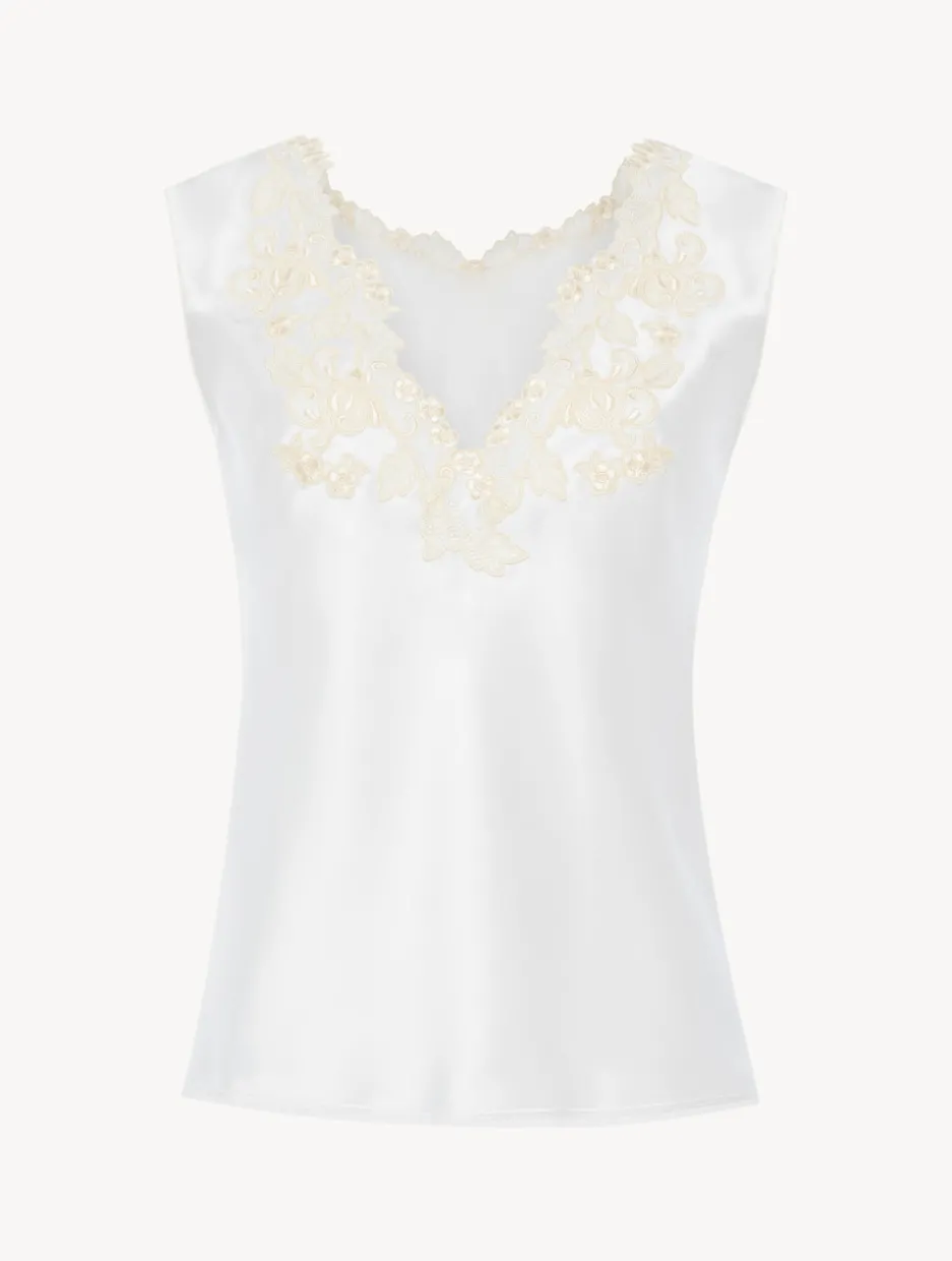 White Silk Satin Top With Frastaglio